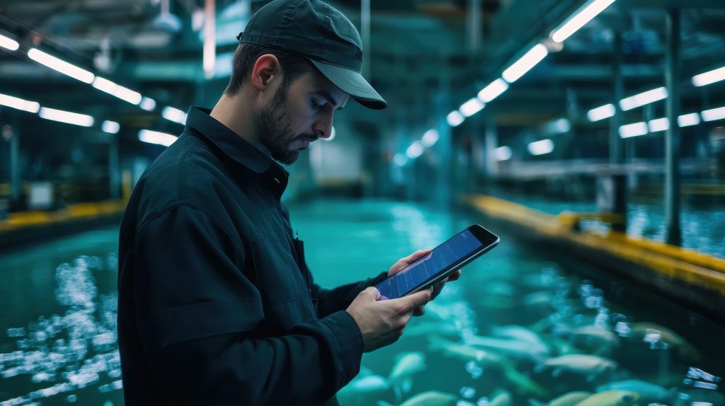 traditional-fish-farm-data-meets-forecasting-technology-man-on-pad-near-aqua-farm-scaled